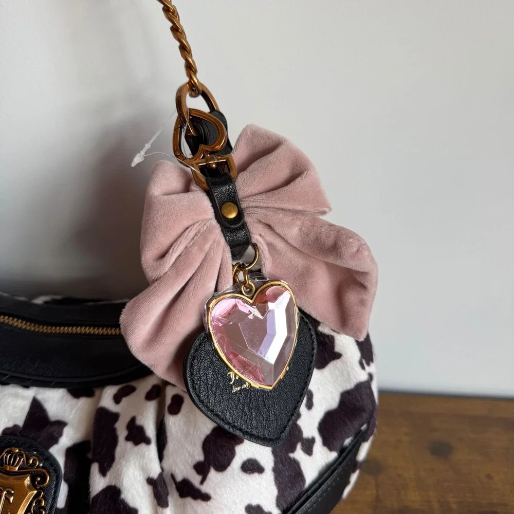 New Juicy Couture Romance Cow Hobo Shoulder Handbag Black Pink Bow Y2K Cute